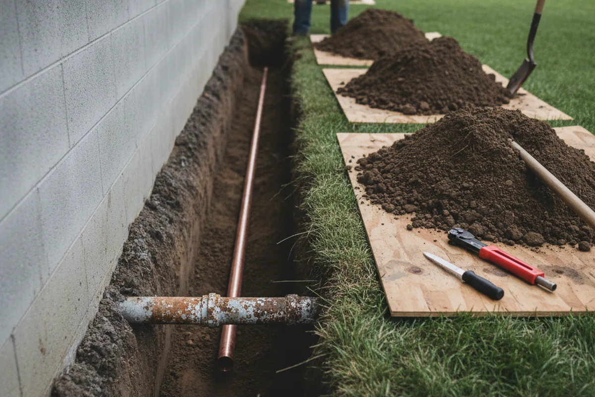 Excavated water line trench during Water Heater Repair in Hudson